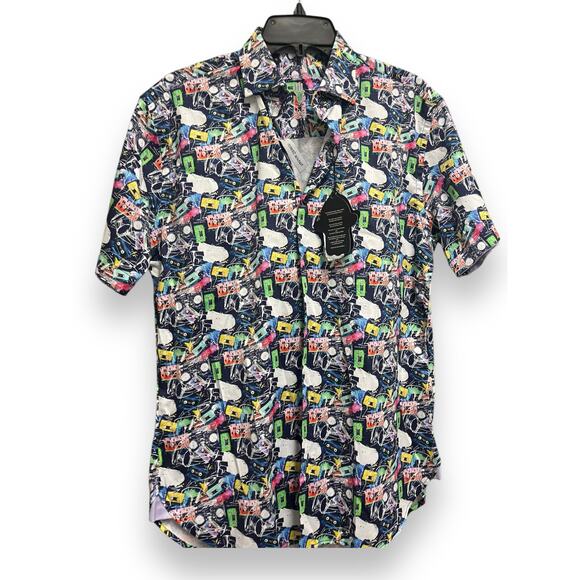 LUCHIANO VISCONTI BLACK Colorful Cassette Short Sleeve Shirt | Mens S Multi NWT - Picture 1 of 9